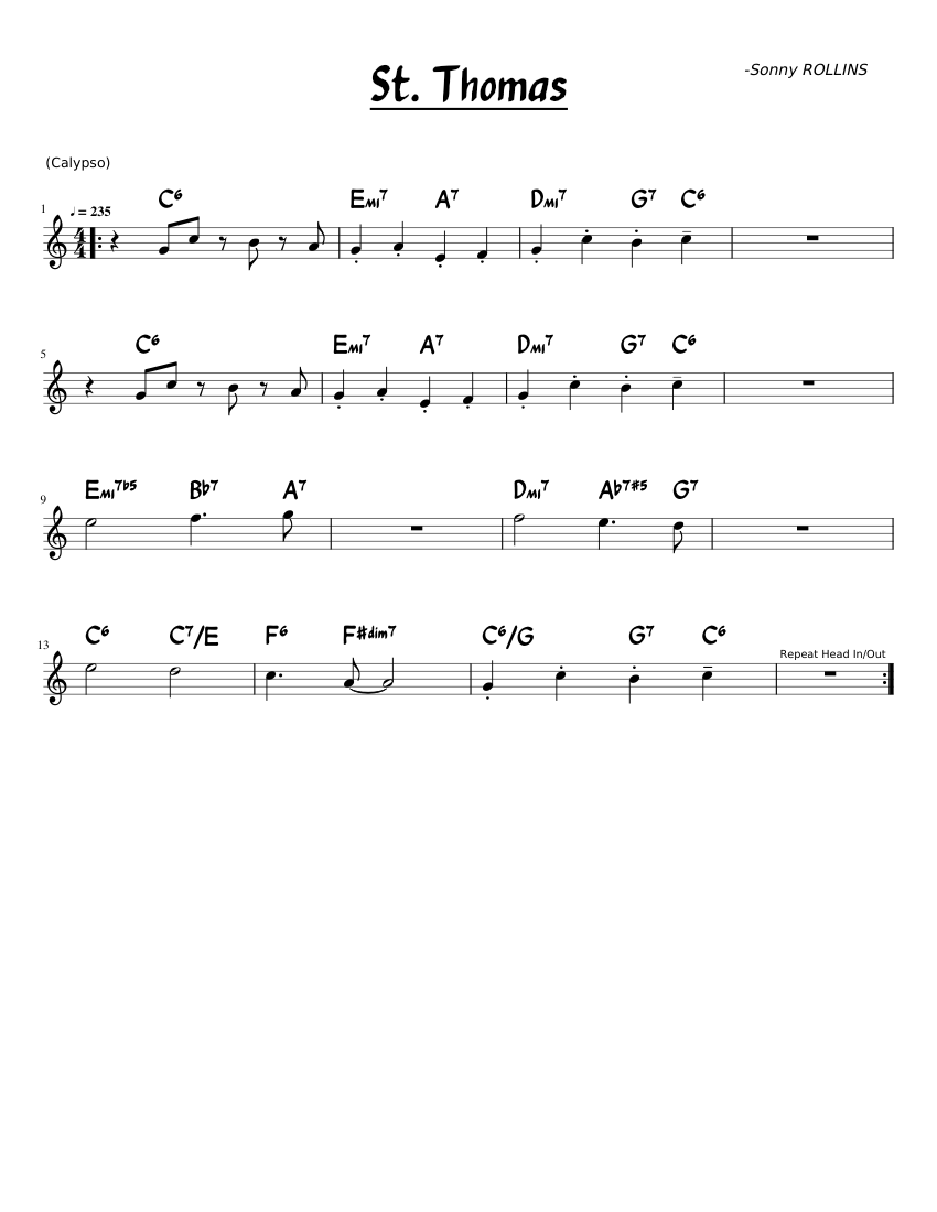 St_Thomas jazz lead sheet Sheet music for Saxophone alto (Solo