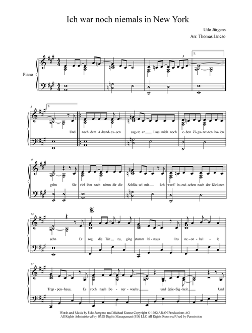 Ich War Noch Niemals In New York (Arr. Thomas Jancso) - Michael Kunze, Udo Juergens (Piano-Vocal-Guitar (Piano Accompaniment))
