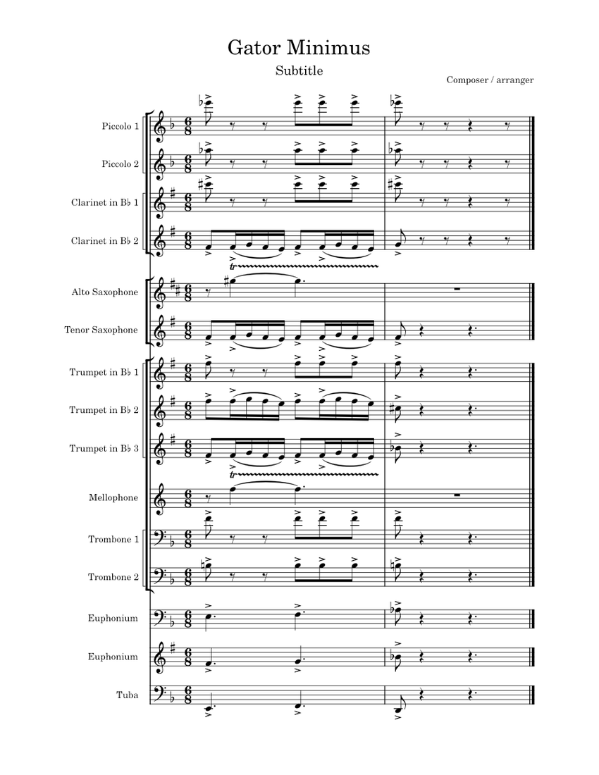 Gator Minimus Sheet Music for Trombone, Tuba, Oboe, Saxophone alto ...