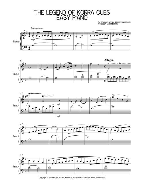The Legend Of Korra Cues (Arr. Ellen Macpherson) - Benjamin Wynn, Jeremy Zuckerman (Easy Piano)