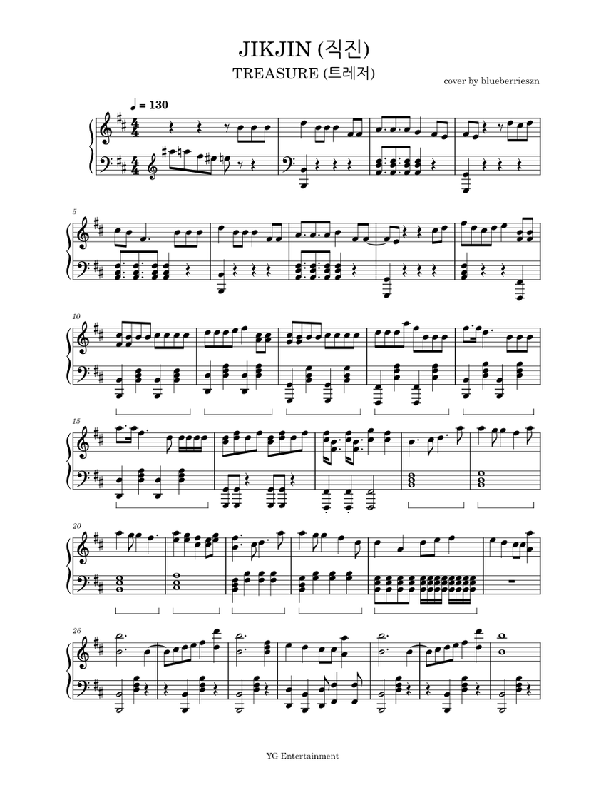 JIKJIN (직진) – TREASURE (트레저) Sheet Music for Piano (Solo