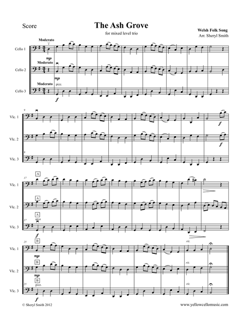 The Ash Grove, a Welsh Folk song for mixed-level cello trio (Arr. Yellow Cello Music) - Folklore (String Ensemble)