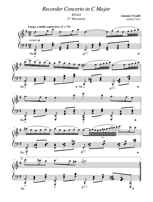 Antonio Vivaldi - Recorder Concerto in C Major - Largo - Piano Solo Arrangement