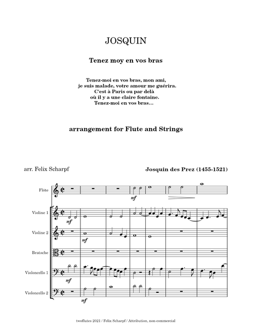 Josquin des Prez - "Tenez moy en vos bras" arr. for Flute and Strings