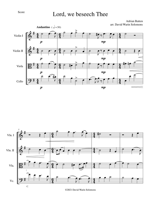 Lord, we beseech Thee for string quartet (Arr. David Warin Solomons) - Adrian Batten (String Quartet)