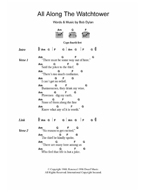 All Along The Watchtower - Bob Dylan, Jimi Hendrix (Guitar Chords-Lyrics)