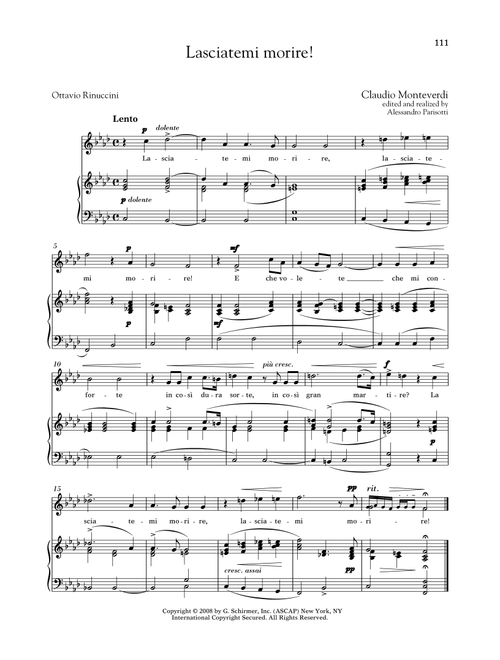Lasciatemi Morire! (Medium High Voice) (Ed. Alessandro Parisotti (ed.)) - Claudio Monteverdi, Ottavio Rinuccini (Piano Vocal)