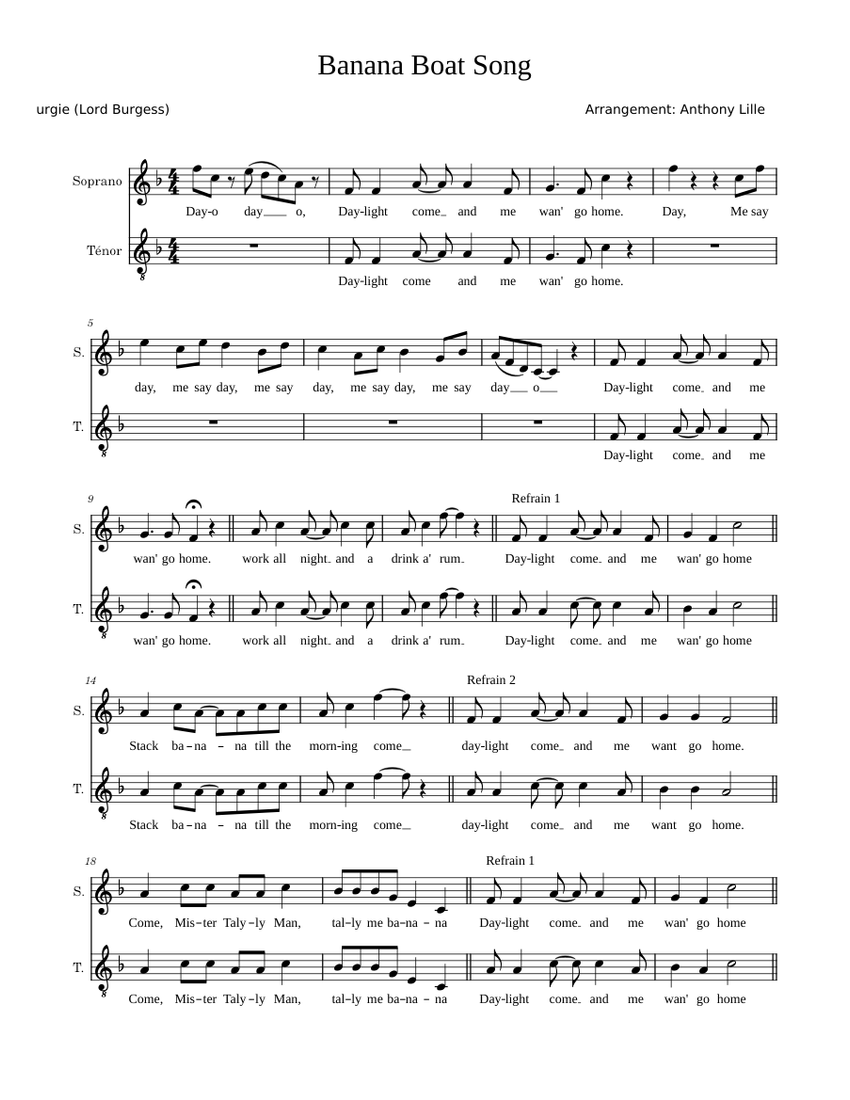 Banana boat song Misc Traditional Sheet music for Soprano, Tenor