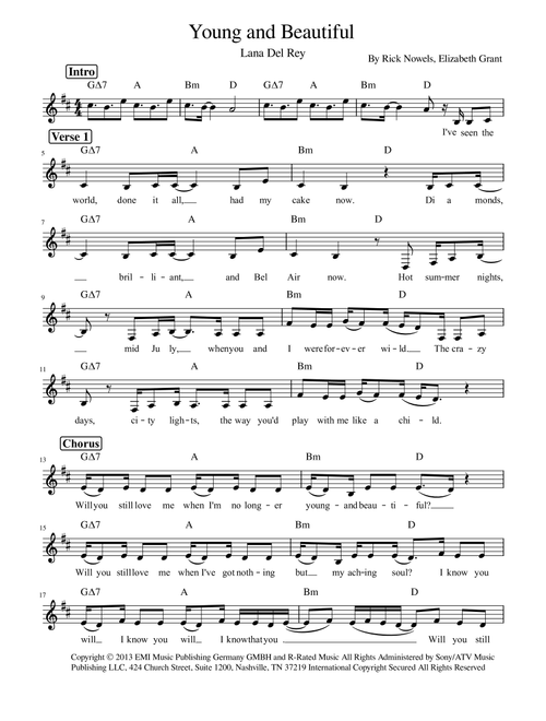 Young And Beautiful (Arr. Heidi Savoie) - Lana Del Ray (Lead Sheet - Fake Book)