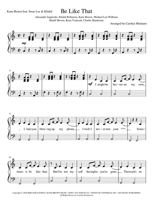 Be Like That (Arr. Carolyn Medrano) - Kane Brown (Piano Solo)