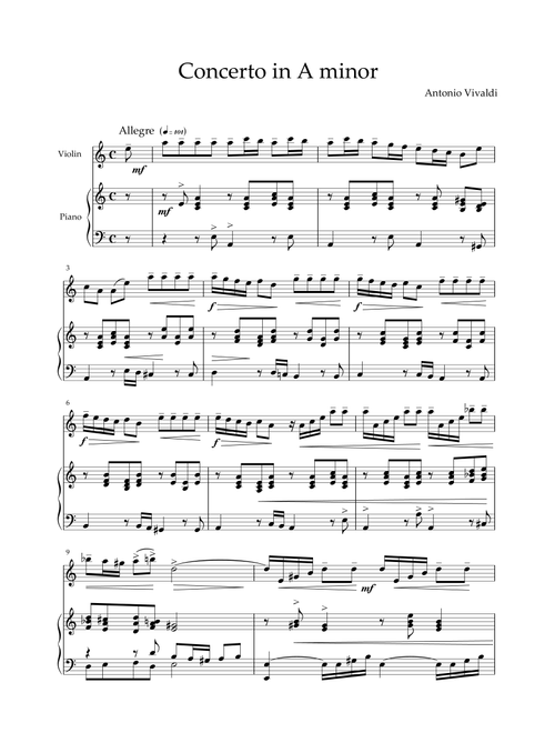 Vivaldi - Concerto in A minor RV 356 (Allegro) for violin and piano (Arr. MPS) (Violin and Piano)