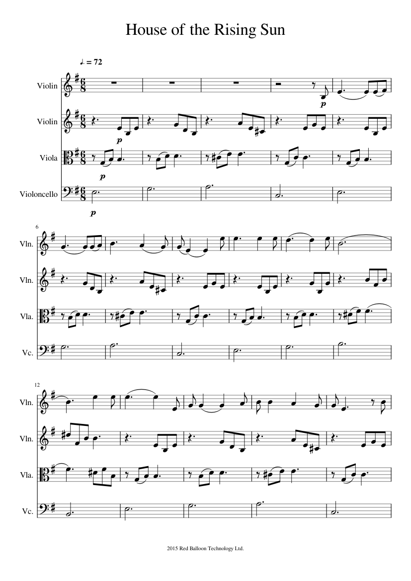 House of the Rising Sun Sheet music for Violin, Viola, Cello (String Quartet) House of the Rising Sun Sheet music for Violin, Viola, Cello (String Quartet)