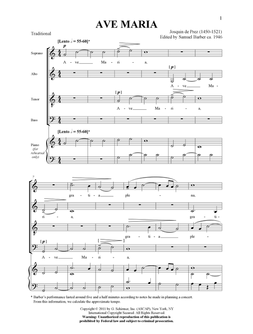 Ave Maria (ed. Samuel Barber) - Josquin de Prez (Choral, SATB)