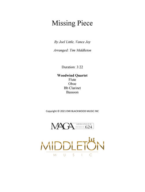 Missing Piece (Arr. Tim Middleton) - Vance Joy, Joel Little (Woodwind Ensemble)