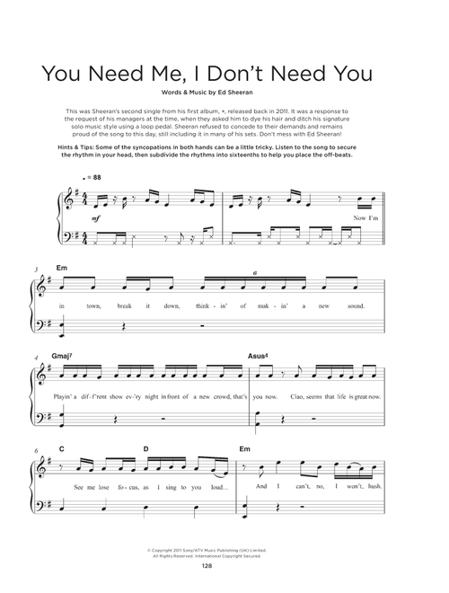 You Need Me, I Don't Need You - Ed Sheeran (Really Easy Piano)
