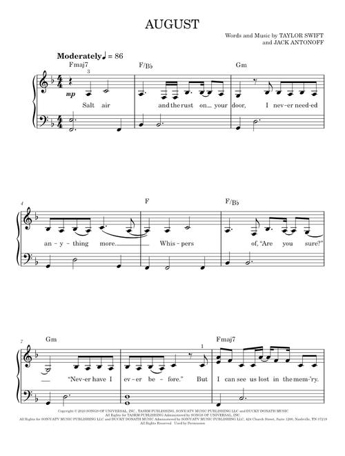 August - Taylor Swift (Easy Piano)