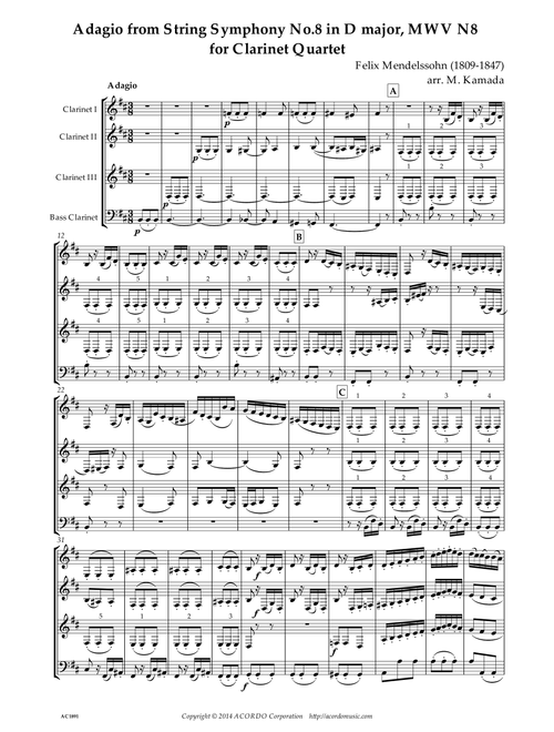 Adagio from String Symphony No.8 in D major, MWV N8 for Clarinet Quartet (Arr. Kamada, Mikio) - Mendelssohn-Bartholdy, Felix (1809-1847) (Clarinet Solo)