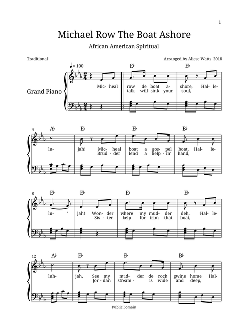 Michael Row The Boat Ashore (African American Spiritual) (Arr. Aliese Watts) - Traditional (Piano-Vocal-Guitar)
