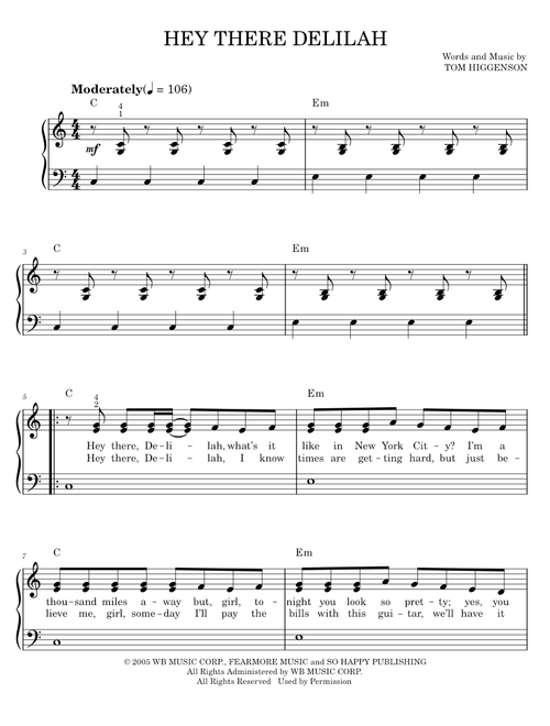 Hey There Delilah - Plain White Ts (Easy Piano)