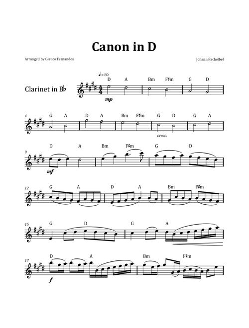 Canon by Pachelbel - Clarinet & Chord Notation (Arr. Glauco Fernandes) - Johann Pachelbel (Clarinet Solo)