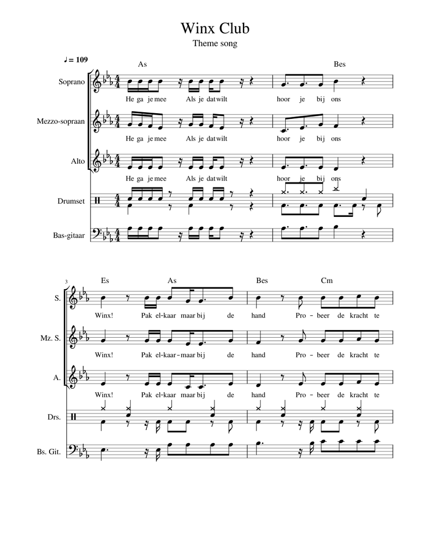 Winx Club theme song Sheet Music with Chords for Soprano, Alto, Mezzo ...