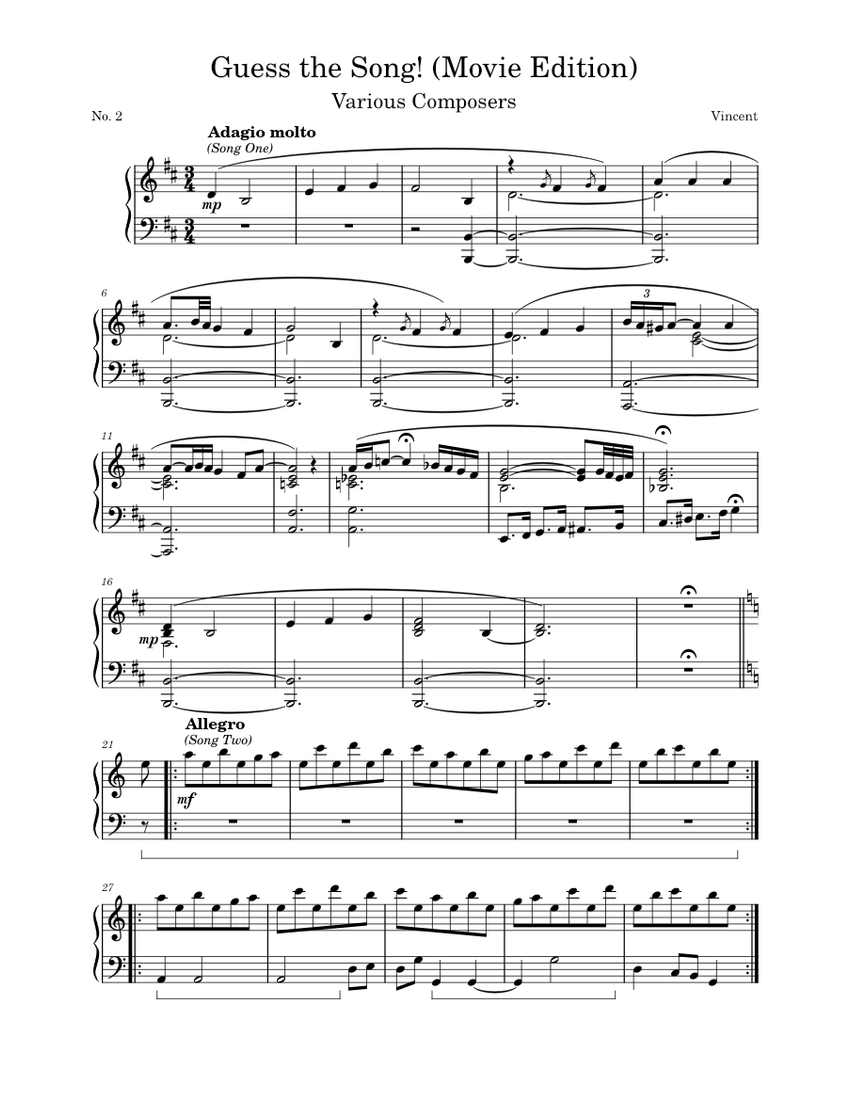 Guess the Song! (Movie Edition) No. 2 Sheet Music for Piano (Solo ...