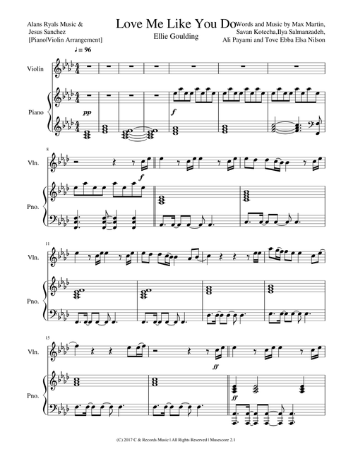 "Love Me Like You Do" - Ellie Goulding (Piano, Violin Sheets) - Alans Ryals Music