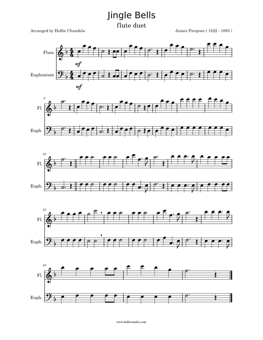 Jingle Bells James Pierpont Flute and euphonium Sheet music for