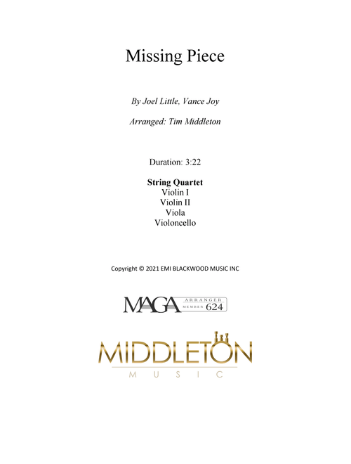 Missing Piece (Arr. Tim Middleton) - Vance Joy, Joel Little (String Quartet)