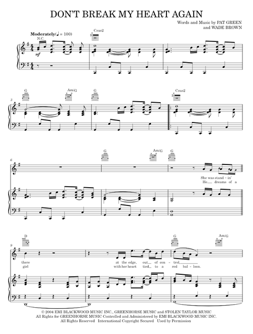 Don't Break My Heart Again - Pat Green (Piano-Vocal-Guitar)