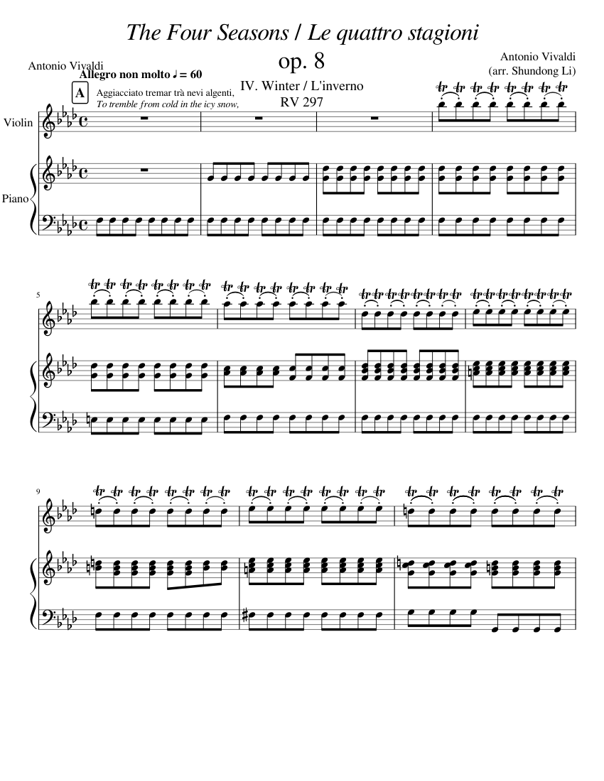 Vivaldi The Four Seasons op 8 IV Winter RV 297 Sheet Music for Piano ...
