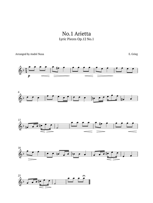 Arietta from Lyric Pieces Op.12 No.1 (Arr. André Nusa) - E Grieg (Clarinet Solo)