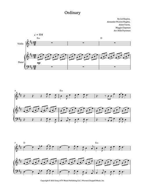 Ordinary (Arr. Billie Feynman) - Alex Warren (Violin and Piano)