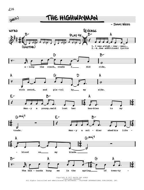 The Highwayman - Highwaymen, Waylon Jennings/Willie Nelson/Johnny Cash/Kris Kristofferson (Real Book - Melody-Chords-Lyrics)