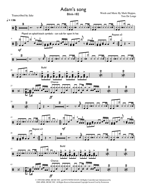 Adam's Song (Arr. Jake) - Blink 182 (Drums)