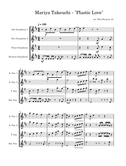 "Plastic Love" for Sax Ensemble