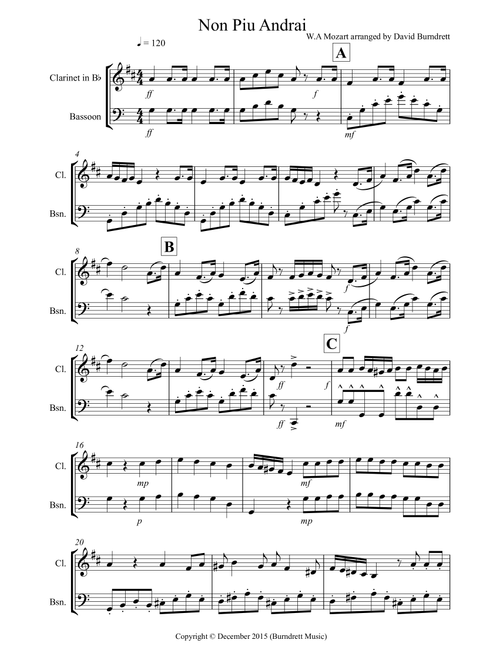 Non Più Andrai for Clarinet and Bassoon Duet (Arr. David Burndrett) - W.A Mozart (Instrumental Duet)