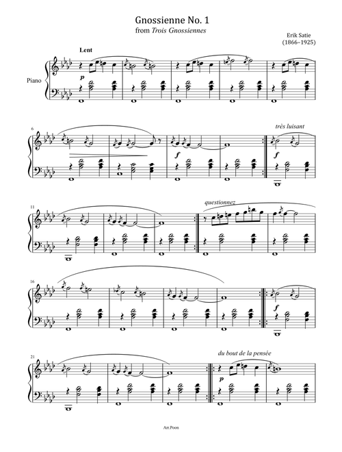 Erik Satie - Gnossiennes No.1 - from Trois Gnossiennes - Original (Arr. poon) (Piano Solo)