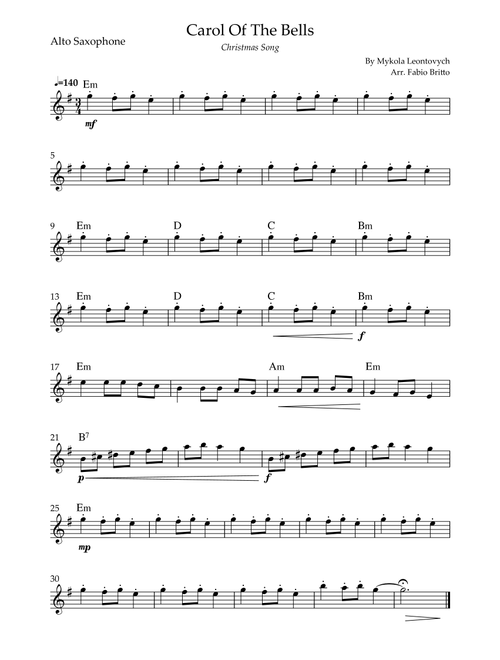 Carol Of The Bells (Christmas Song) for Alto Saxophone Solo with Chords (Arr. Fabio Britto) - Mykola Leontovych (Alto Sax Solo)