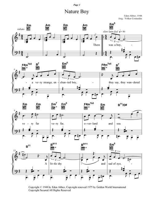 Nature Boy (Arr. Volker Coutandin) - Nat King Cole (Piano-Vocal-Guitar (Piano Accompaniment))
