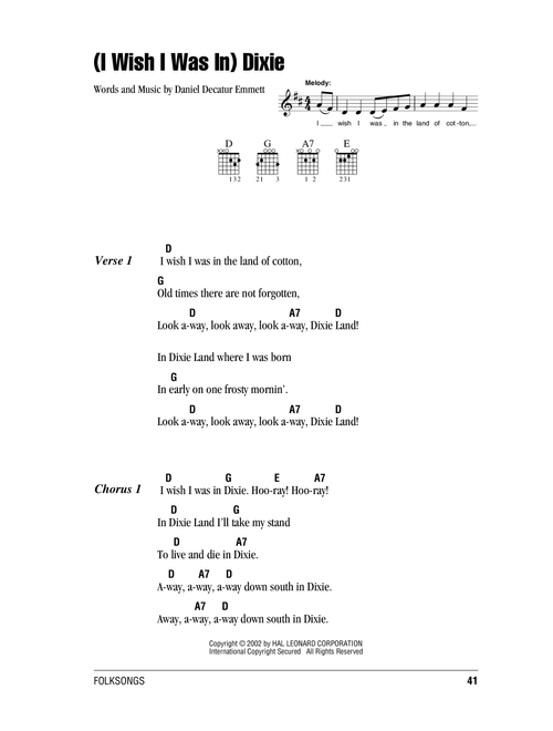 (I Wish I Was In) Dixie - Daniel Decatur Emmett (Guitar Chords-Lyrics)