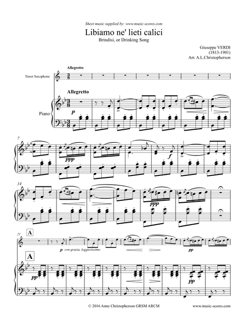 Verdi: Libiamo ne lieti calici - Brindisi from La Traviata - Tenor Saxophone & Piano (Arr. Anne L Christopherson GRSM ARCM) - Verdi Giuseppe (Tenor Sax and Piano)