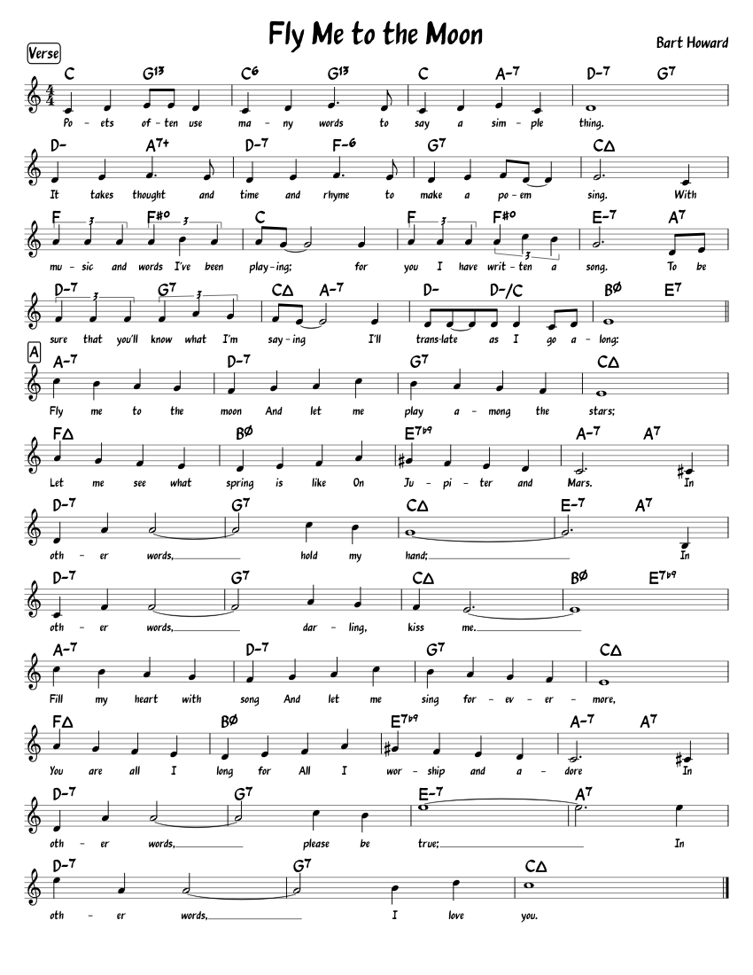 Fly Me To The Moon in 4 Sheet Music with Chords for Piano (Solo