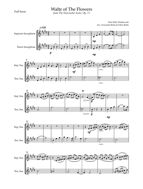 Waltz of The Flowers - from Nutcracker (P. I. Tchaikovsky) for Soprano Saxophone & Tenor Saxophone (Arr. Fernando Britto, Fabio Britto) - Piotr Ilitch Tchaikovsky (Instrumental Duet)