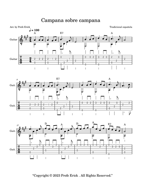 Campana sobre Campana (Arr. Profe Erick) - Traditional (Easy Guitar with TAB)
