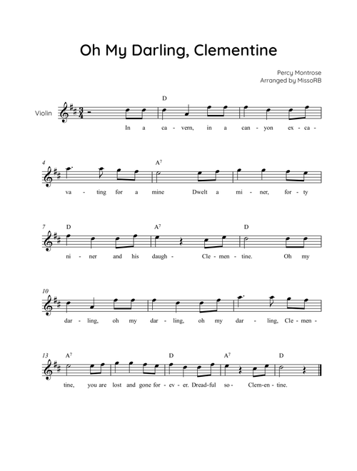 Oh My Darling, Clementine - Violin in D With Chords & Lyric - Easy (Arr. MissoRB) - Percy Montrose (Violin Solo)