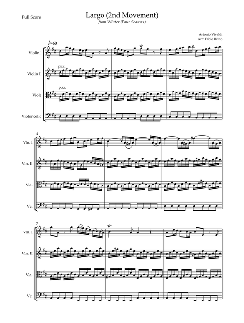 Largo from Winter (Antonio Vivaldi) for String Quartet (Arr. Fabio Britto) (String Quartet)