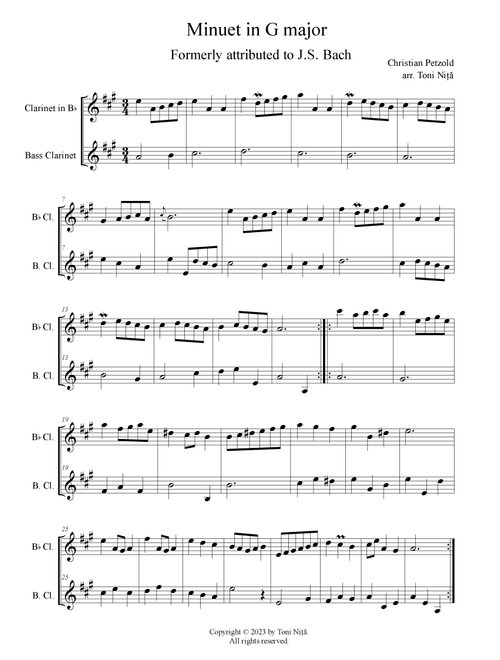 Minuet in G major, BWV Anh.114 (Petzold, Christian) for Clarinet in Bb & Bass Clarinet (Arr. Toni Nita) - Christian Petzold (Instrumental Duet)