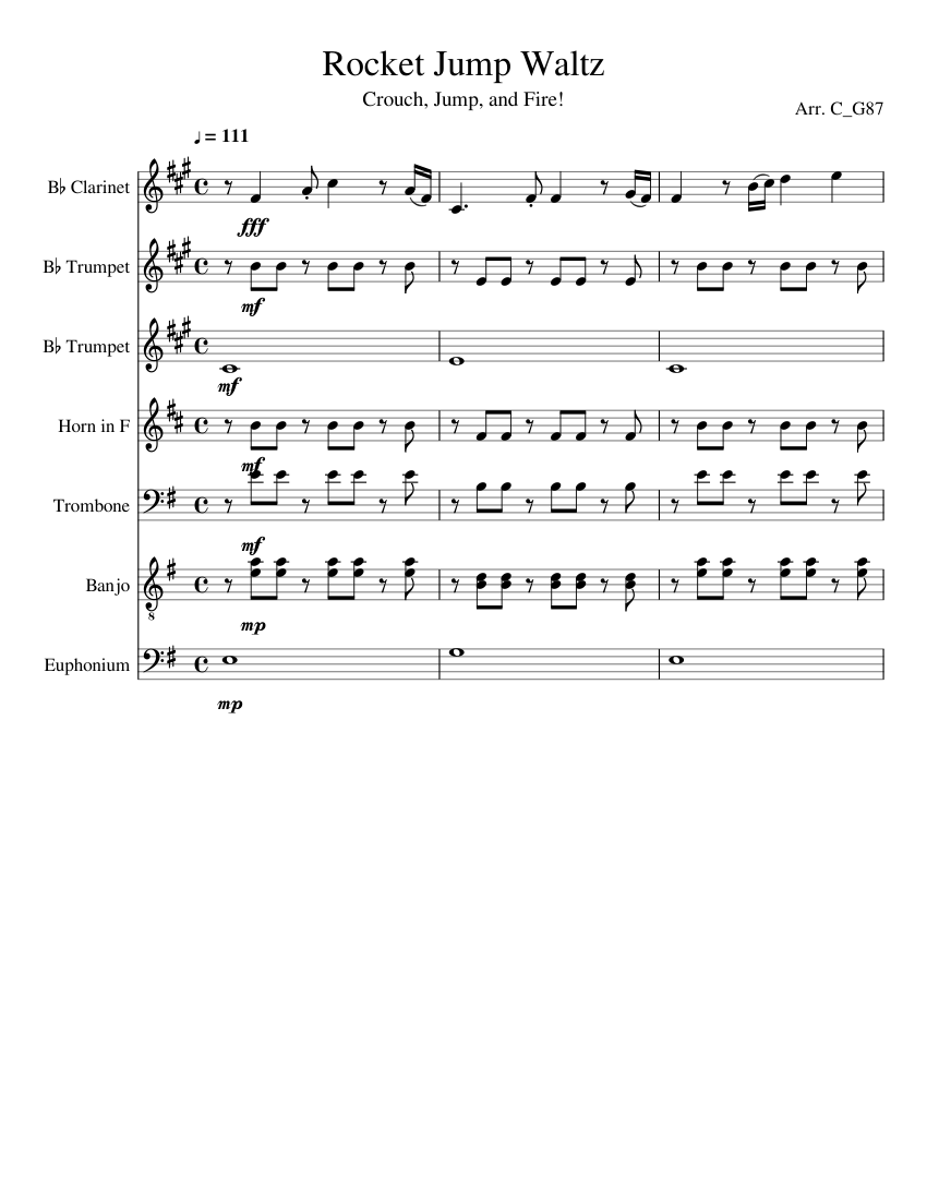 Team Fortress 2; the Rocket Jump Waltz Sheet music for Trombone, Clarinet  other, Trumpet other (Mixed Quartet) 