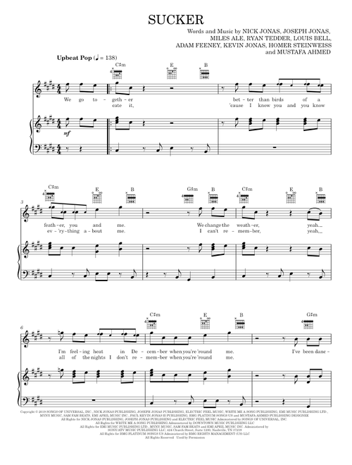 Sucker - Jonas Brothers (Piano-Vocal-Guitar)